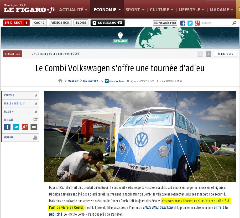 Article du figaro.fr sur la fin de la production du VW Combi